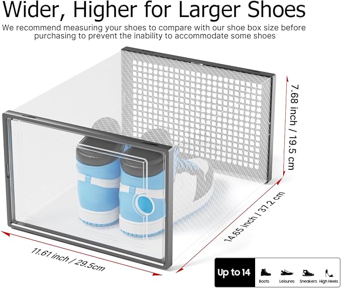 Kuject XXX-Large Shoe Storage Boxes 12 Pack, Clear Stackable Shoe Organizer