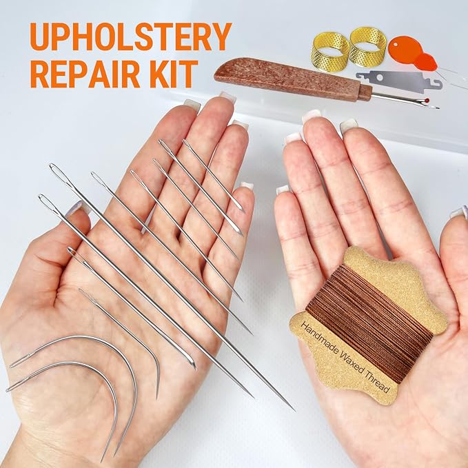 VONEEDL Upholstery Repair Kit: Waxed Sewing Thread (Brown Color) & Heavy Duty Needles (11 PCS) for Leather, Canvas & Quilting Thread