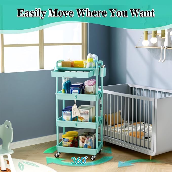 SUNALLY 4 Tier Rolling Cart with Drawer, Craft Storage Cart Organizer, Blue