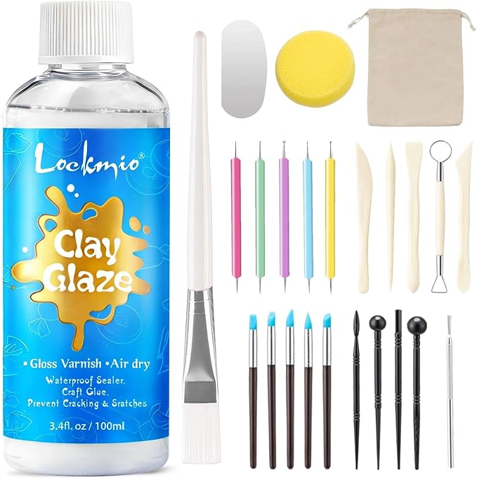3.4FL OZ Air Dry Clay Glaze & 25pcs Tools Kit, Gloss Protective Sealant | Prevents Cracking, Scratching & Wear, Dotting Tools, Air Dry Clay Sculpting Tools for Carving, Stippling, Molding & Shaping