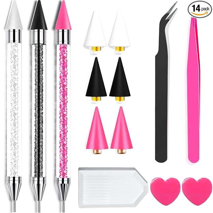 14 Pcs Rhinestone Picker Tool - 3 Pcs Dual-head Pens with 6 Wax Tips, Useful Clay, Precision Curved and Straight Tweezers Kit for Picking Up Nail Art Gems, Stones, Crystals, and Nail Charms