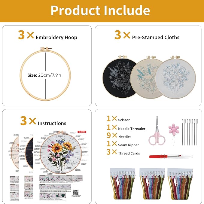 3 Packs Embroidery Kit for Adults, Embroidery for Beginners (Flower)