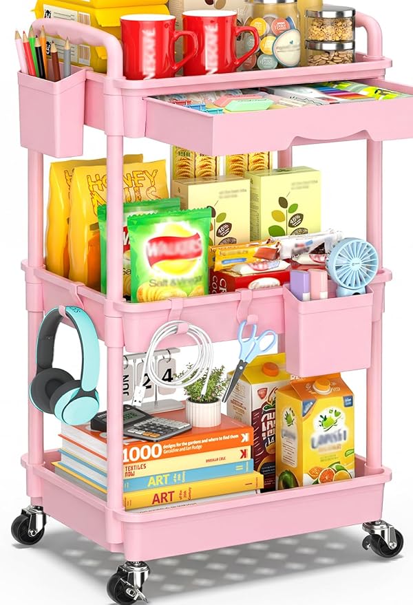 SUNALLY 3 Tier Rolling Cart with Drawer, Craft Storage Cart Organizer, Pink
