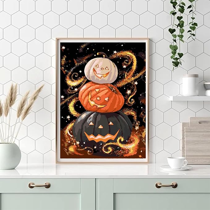 NEGEKFKX Halloween Pumpkin Paint by Numbers Kit for Adults Beginner with Frame,Horror Easy Adult Paint by Number Kits on Canvas DIY Painting for Beginners Art by Numbers for Home Wall Decor 12x8 Inch