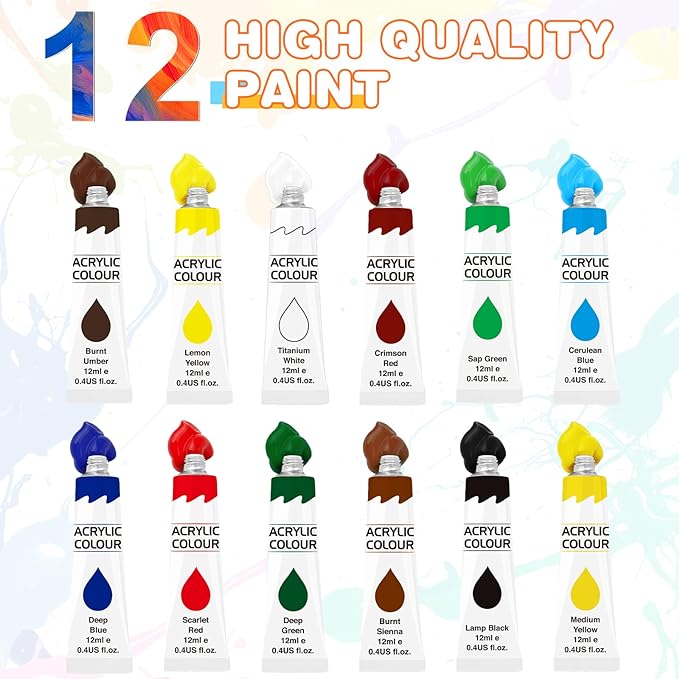 ESRICH Acrylic Paint Set, 12 Colors (2 Pack) with 20 Paint Brushes | 24 Acrylic Paints for Adults, Beginner, Professional Artists, Non-Toxic Craft Paint kit for Paper, Canvas, Rock,Wood, Ceramic