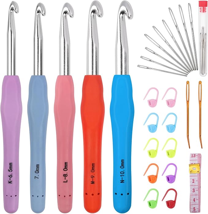 Large Crochet Hooks 5 Sizes Crochet Hook Set, 29 Pack Yarn Needle Kits for Beginners, Knitting Needles with Ergonomic Handles for Arthritic Hands, 6.5mm 7.0mm 8.0mm 9.0mm 10.0mm Crochet Needle Kit