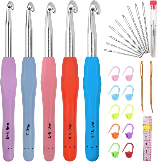 Large Crochet Hooks 5 Sizes Crochet Hook Set, 29 Pack Yarn Needle Kits for Beginners, Knitting Needles with Ergonomic Handles for Arthritic Hands, 6.5mm 7.0mm 8.0mm 9.0mm 10.0mm Crochet Needle Kit