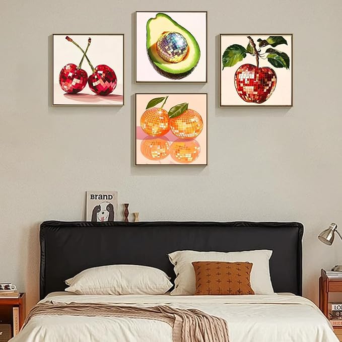AIBOERL 4 Pack Diamond Art Kits for Adults,Fruits Diamond Painting | Round Drill Disco Fruits Diamond Painting for Beginners DIY Rhinestone 5D Diamond dots(Gemstone Craft)Wall Art Gift 12x16IN