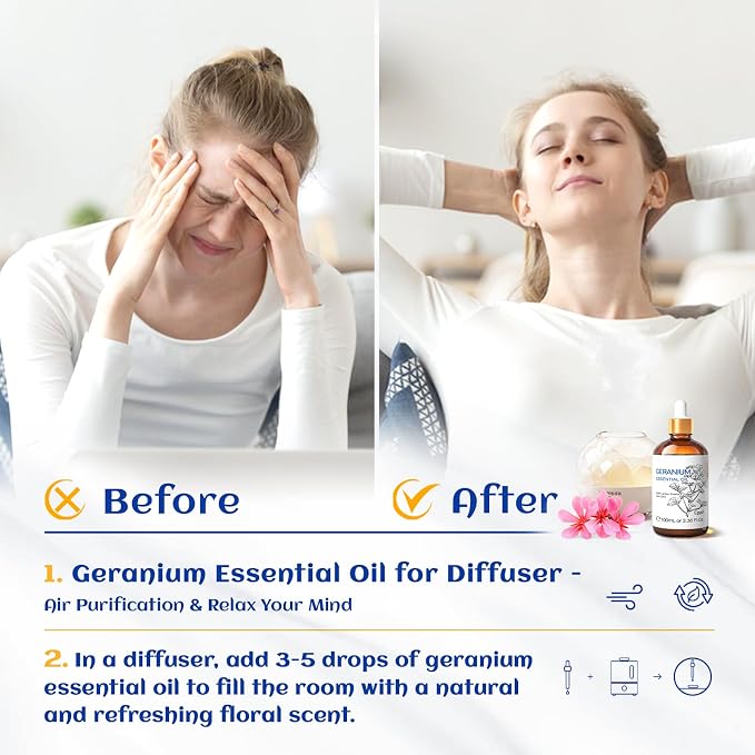 HIQILI Geranium Essential Oil for Skin Care & Aromatherapy diffusing