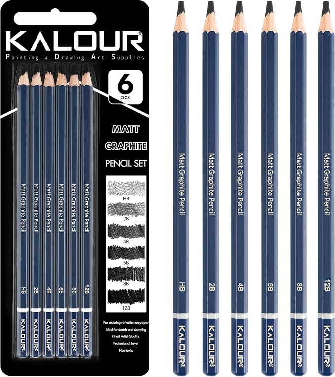 KALOUR PDAS Professional Drawing Pencils for Sketching – 6 pcs Matte Graphite Pencil Set (HB–12B), Sketch Pencil Set for Drawing, Shading & Artists