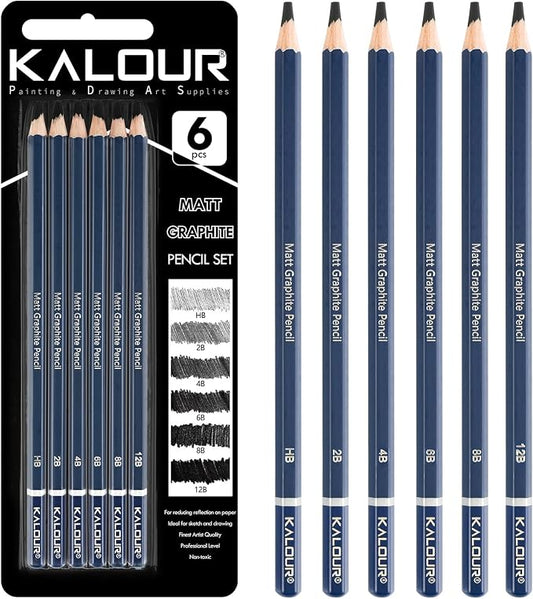 KALOUR PDAS Professional Drawing Pencils for Sketching – 6 pcs Matte Graphite Pencil Set (HB–12B), Sketch Pencil Set for Drawing, Shading & Artists
