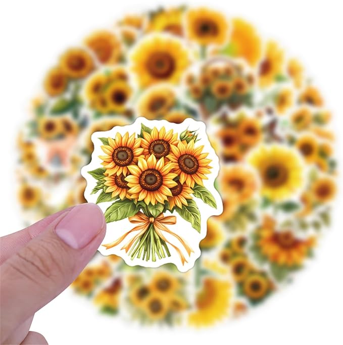 60 Pcs Sunflower Stickers, Transparent Waterproof Vinyl Decals, Aesthetic Floral Stickers for Journaling, Scrapbooking, Laptop, Water Bottle, Phone Case, Happy Theme Decoration(Colourful-F8)