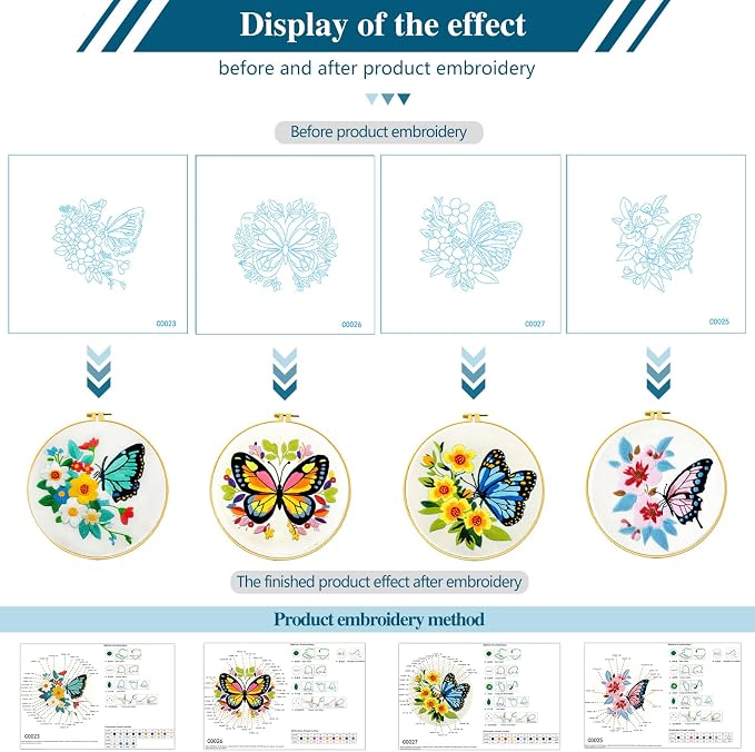 Zhenqing Butterfly Embroidery Kit 11.4x11.4 Inch - Complete Embroidery Set with Fabric, Threads, Needles & Hoop - Beginner-Friendly DIY Craft Kit for Adults (C0041)