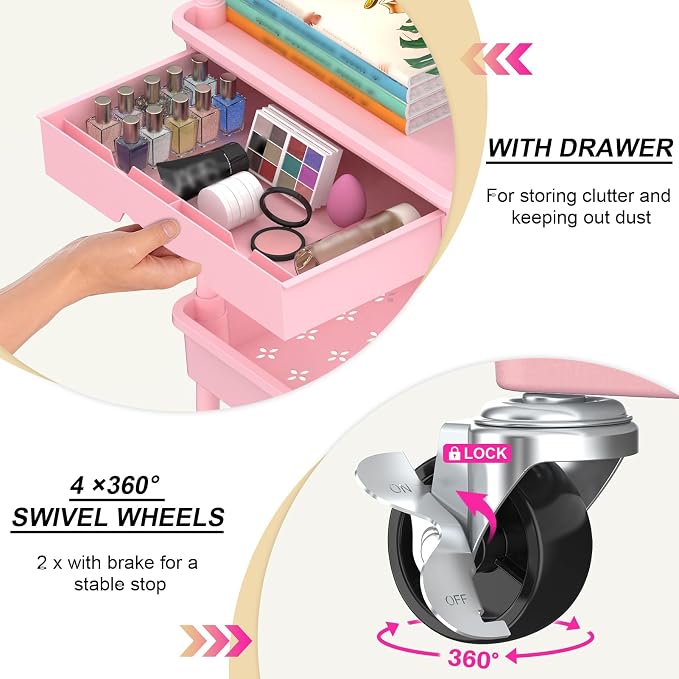 Goovilla 3 Tier Rolling Utility Cart Organizer with Removable Drawer, Pink | Stable and Sturdy Rolling Storage Carts with 2 Lockable Wheels for Bathroom, Kitchen, Snack, Craft, Makeup, Baby Essentials
