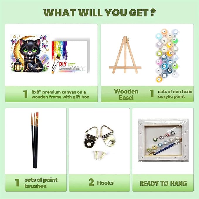 cviokrdu Cat Paint by Numbers Kit for Kids with Frame - Wooden Easel, Cats Paint by Numbers for Kids Ages 4 8 12, Easy Acrylic Oil Painting Kits for Home Wall Decoration 8x8 inch