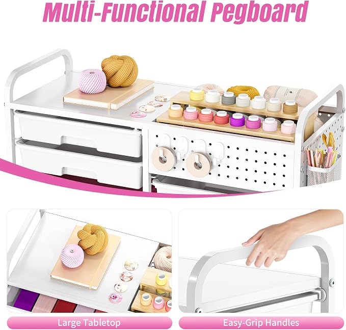 14 Drawer Rolling Storage Cart with Tabletop and Pegboard for Crafts Pink | Easy Setup, Large Capacity, Sturdy Build, Smooth Mobility, For classroom, office and dorm supplies