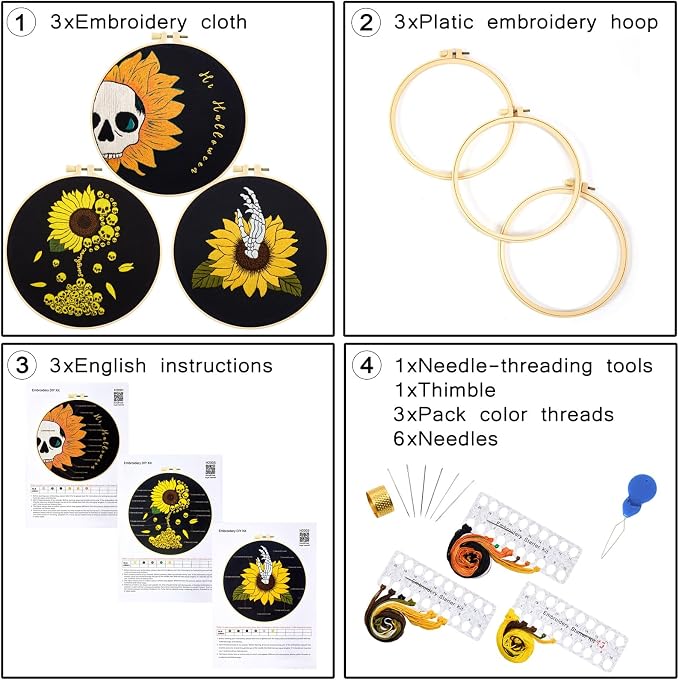 Halloween Gothic Embroidery Kits for Beginners Adults, Skull Hand Embroidery Needlepoint Kits, Sunflower Stamped Cross Stitch Kits for Beginners Adult, 3 Set Embroidery Hoops (Attached Video Tutorial)
