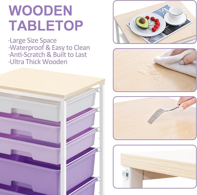 SYKIARIOL Utility Cart with 5 Drawers with Wooden Top,Purple | 5-Tiers Storage Cart with Drawers with Lockable Wheels for Craft Organizers and Storage,Home Office,Classroom,Dorm ,Playroom