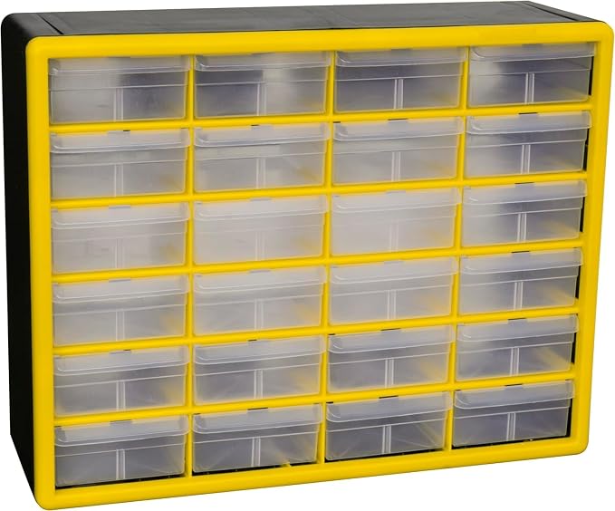 Akro-Mils 24-Drawer Plastic Storage Cabinet, 20"W x 6"D x 16"H, Yellow | Plastic Cabinet w/ Drawers for Garage Organization, Beads, Building Bricks Storage, Teacher Toolbox, Makeup Organizer, 10124