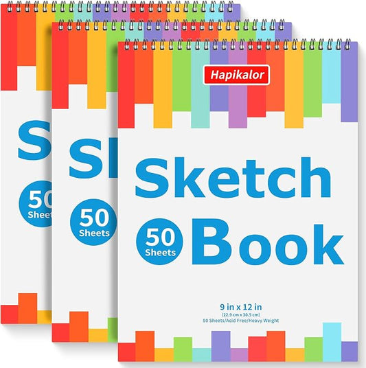 9" x 12" Journal Kit, 3-Pack 50 Sheets Spiral Bound Diary, Art Sketch Book | School Supplies Notebook for Kids, Acid Free Diary Journal for Painting Writing Sketching, Sketch Paper for Drawing