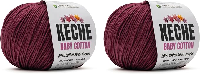 Keche Baby Cotton, 60% Cotton 40% Acrylic Yarn, Soft Cotton Yarn for Crochet and Knitting, Amigurumi Yarn 4 Skeins/Balls [1.76 Oz (50g) / 180 Yrds (165m)] x 2 Claret RED