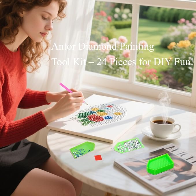 antor 24PCS Diamond Painting Tools and Accessories Kit | Includes 8 Drill Pens, 8 Trays, 8 Wax Pads, Ideal for DIY 5D Diamond Art Projects