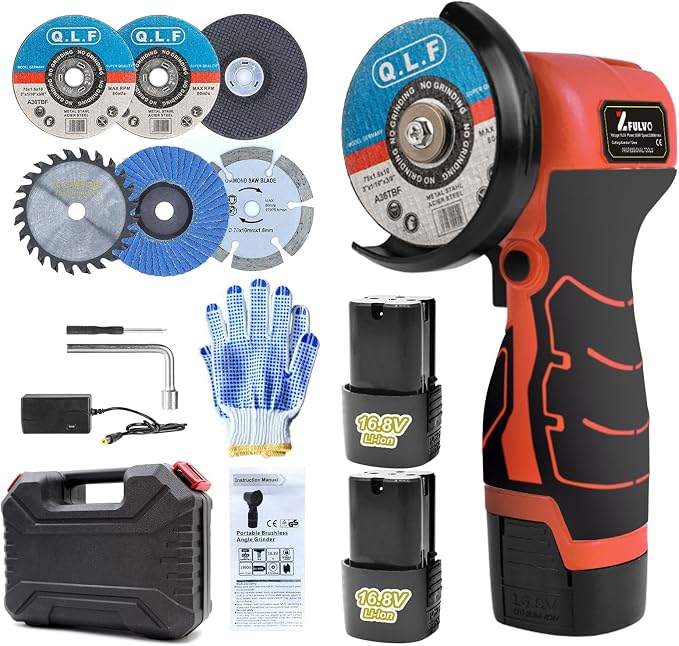 ZFULVO Cordless Angle Grinder Kit 19500RPM Mini Electric Metal Grinding | 2pcs 16.8V 2000mAh Battery with 6-Cutting Disc, 3inch Mini Angle Power Tool, Grinder Handheld Cutter for Metal Wood Grinding