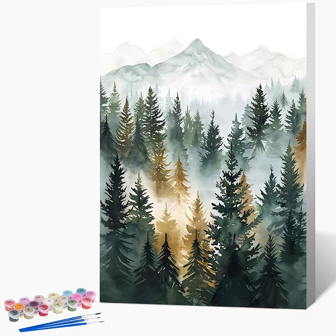 Framed Paint by Numbers Kit for Adults Beginner & Kids Age 8-12, Easy Landscape Adult Paint by Number Kits on Canvas, DIY Acrylic Forest Number Painting for Adults Mountain for Home Decor 8x12 Inch