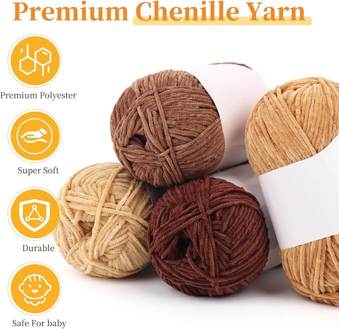 Coopay Thin Chenille Yarn for Crocheting & Knitting, Brown Gradient | Crochet Yarn Set - 600g Total, Velvet Yarn for Colorful Crafts, Blankets, Plush Dolls, Decorative Handmade Works