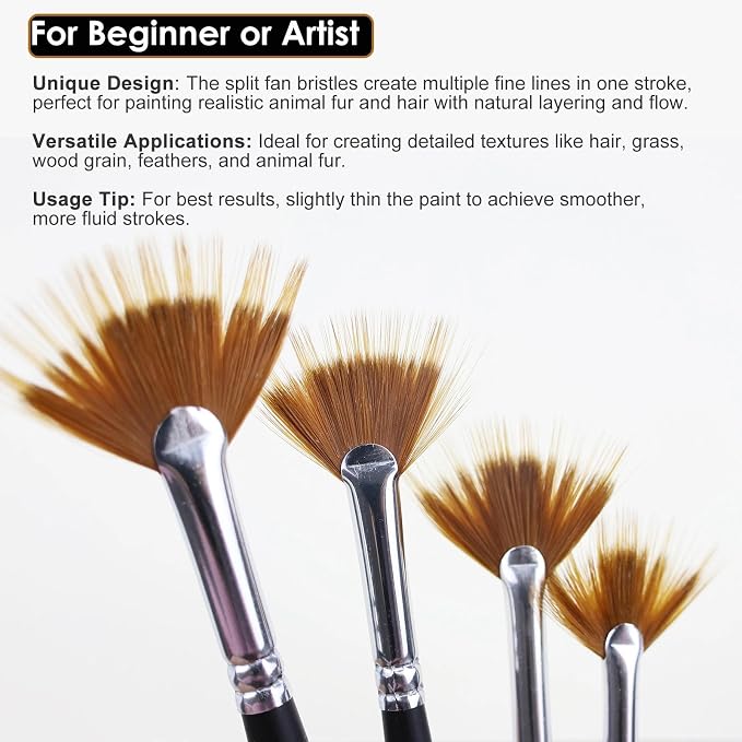 GACDR Fan Grainer Brush for Painting – 4PCS Grainer Watercolor Brush Set | Comb Brushes for Fur, Hair, Wood Grain, Grass, Feathers & Textures, Gouache Acrylic Painting