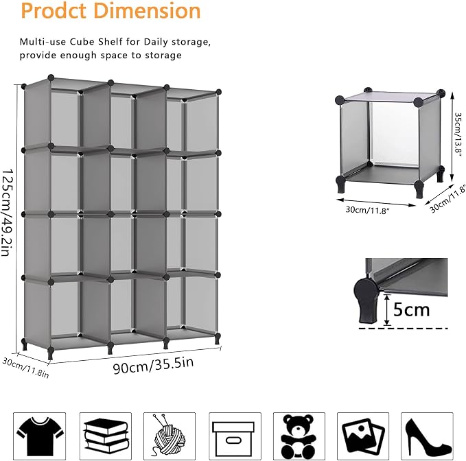 AWTATOS 12 Cube Storage Organizer, Closet Organizer Storage Shelves, Grey