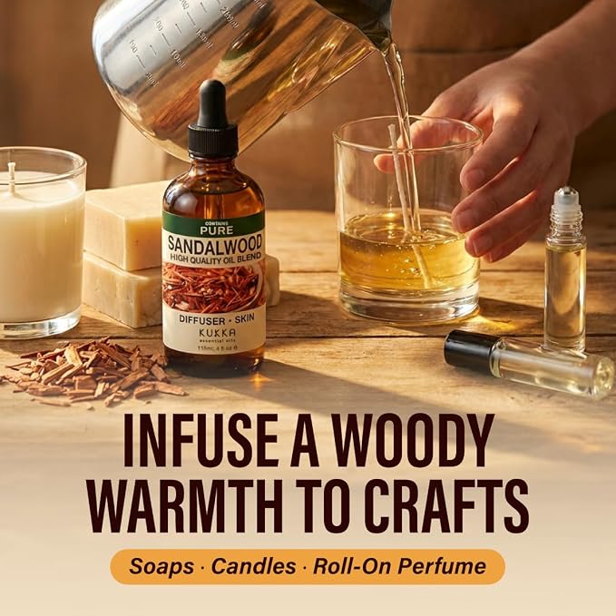100% Pure Sandalwood Oil 4 Fl Oz - Sandalwood Essential Oil for Hair | Woody Aroma Fragrance, for Skin, Scalp, Diffuser, Aromatherapy, Perfume, Body Massage - Undiluted, Non-GMO, from India