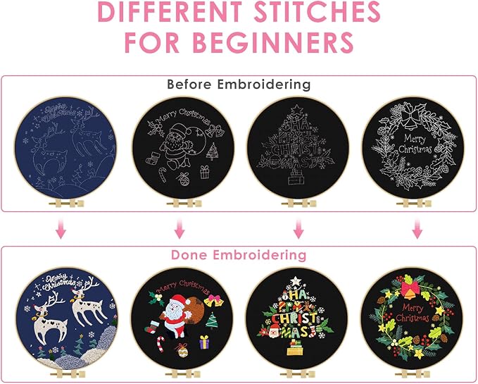 TINDTOP Christmas Embroidery Kit for Adult, Embroidery DIY Starter Kit | 4 Pack with Stamped Patterns, Hoop, Tools, Colorful Threads with Needles, Instructions