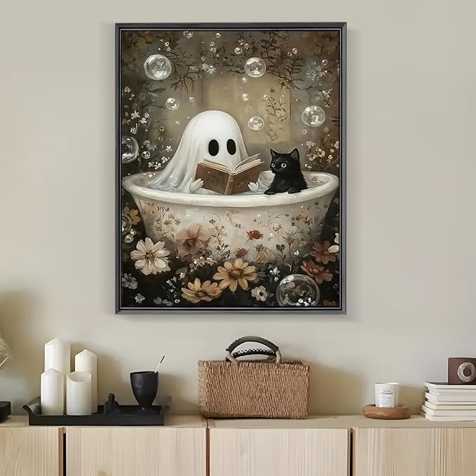 LKHMVCA Halloween Ghost Read Cat Flower Paint by Number Kits for Adults, DIY Paint by Numbers Kits for Adults Beginners Without Frame, Acrylic Paint Canvas Painting Kits Art for Home Decor 16x20 Inch
