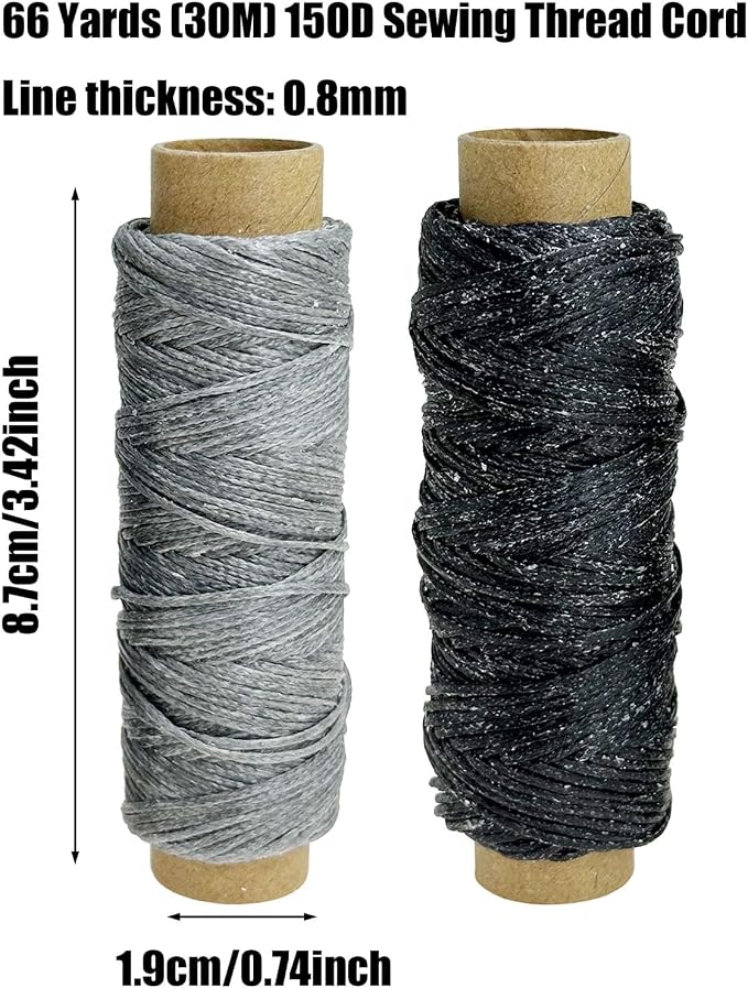 2 PCS Leather Sewing Waxed Thread, Each of 33 Yards 150D Sewing Thread Cord for Leather Craft DIY Supplies, Shoes Repairing, Black and Grey