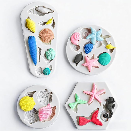 HKNMTT Marine Themed Silicone Mold for Polymer Clay Fondant, Seashell Mermaid Tail Starfish Ocean Seahorse Air Dry Clay Craft Cake Decor Wax Melt Chocolate Candy Mould DIY Cupcake Toppers BPA Free