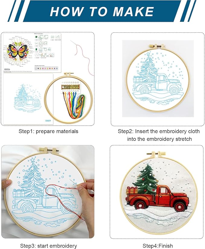 Zhenqing Christmas Red Truck Embroidery Kit for Beginners, Tree and Gifts Needlework Kit with Pre-Printed Fabric, Hoop, Threads & Tools (C0029)