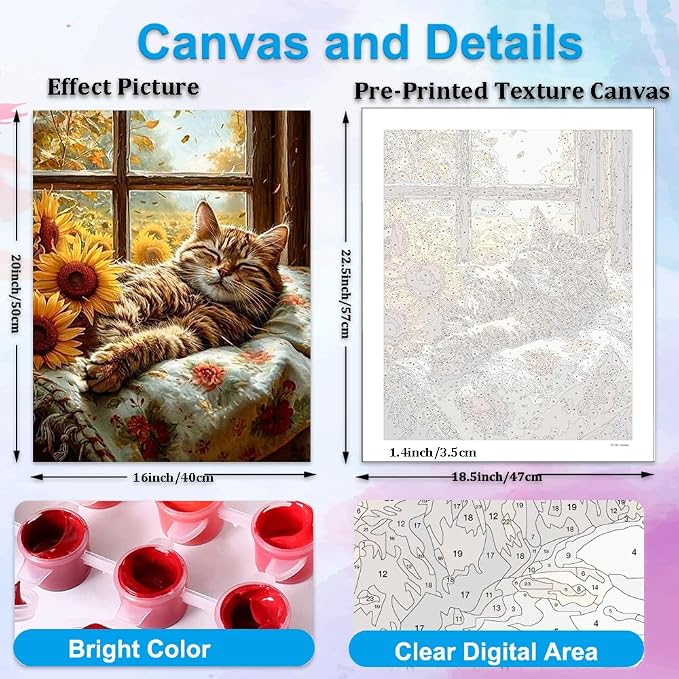 Artunion Sleelp Cat Paint by Numbers Kit for Adults,Sunflowers Paint by Number Kits, DIY Oil Painting Paint by Number Kits on Canvas Arts Craft for Home Wall Decor 16x20 Inch