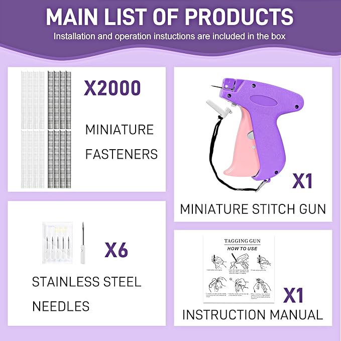 Stitch Gun for Clothes， Handheld Stitch Gun Quick Clothing Fixer，Sewing Kit Includes 1,000 Black Fasteners & 1,000 White Fasteners & 6 Needles (Purple)