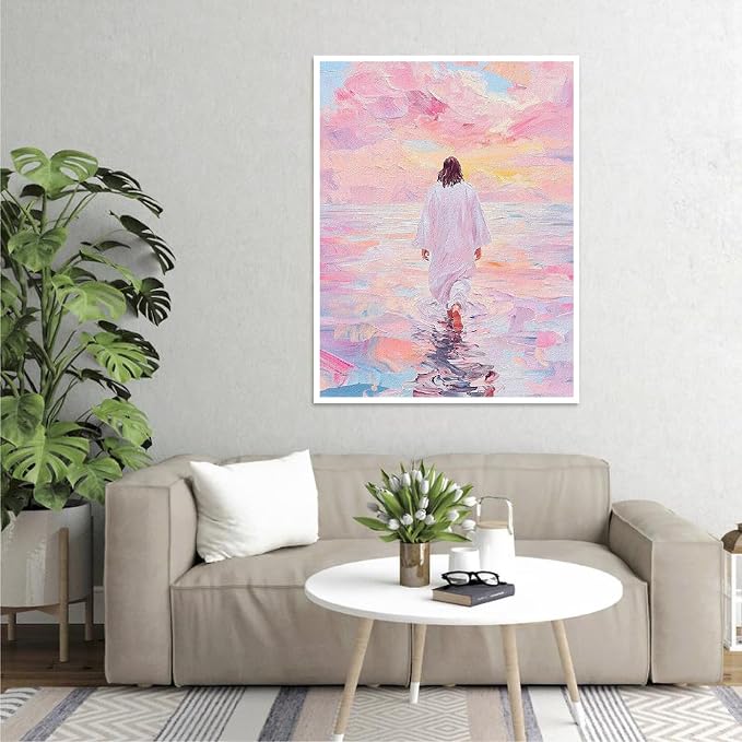 VIGEGU Beach Paint by Numbers Kit for Adults Beginner with Framed | Jesus Easy Adult Paint by Number Kits on Canvas DIY Painting for Beginners Art by Numbers for Home Wall Decor 10x12 Inch
