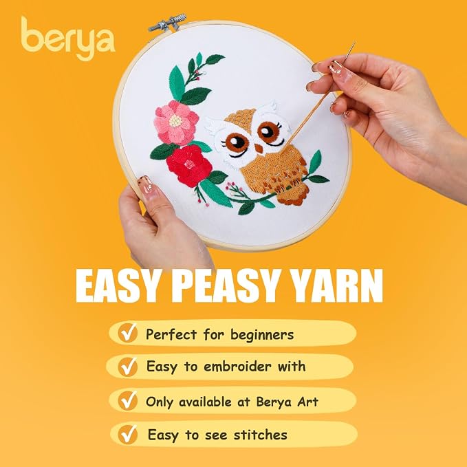 BERYA Owl Embroidery Kit, Embroidery Kit for Adult, Owl Pattern Practice Kit, Including Video Step by Step Instructions, Embroidery Hoop, Cloth, Needles and Thread for DIY Craft Lover (BEO013)