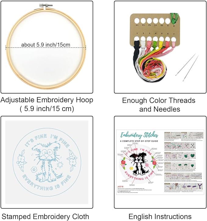 Louise Maelys Funny Dog Embroidery Kit for Beginners Floral Craft | Cross Stitch Kits with Pre-Printed Fabric, Embroidery Hoop, Threads, Needles and Guide. Needlepoint Kit for Beginners