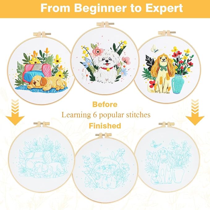 GLTAYLMY Cute Dogs Embroidery Kit for Beginners with Pattern and Instructions,3 Pack Cross Stitch Kits,1 Plastic Embroidery Hoops,Threads and Needles,Needlepoint Kit for Adults