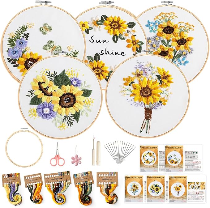 wtisan 5 Pack Embroidery kit for Beginners Adults DIY Starter Kit | Sunflower Gifts for Women Cross Stitch Kits with Embroidery Hoop, Tools,Colorful Threads,Hand Craft Lover Gift