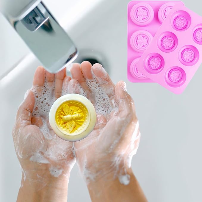3Pcs Bee Silicone Molds Bee Soap Molds for Soap Making Lotion Bar Molds | Round Honeybee Silicone Mold for Making Homemade Soap, Lotion Bar, Jello, Bath Bomb, Beeswax, CandleChocolate（Pink）