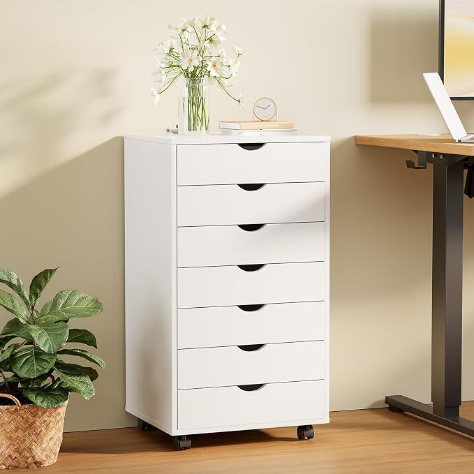 Sweetcrispy 7 Drawer Rolling Storage Cabinet, Wood Under Desk Mobile Dresser with Wheels, Small Organizer Chest for Home Office, Bedroom, Living Room, Compact Vertical Storage Furniture Unit, White