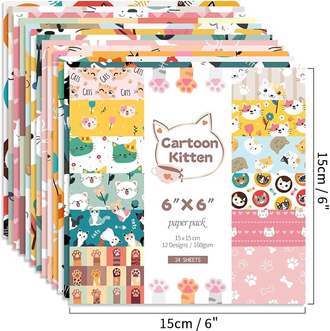 6x6" Cardstock Single Sided Scrapbooking,Craft Decorative Scrap Book Paper | 160gsm,24-Sheet 12Patterns Colored Paper,Junk Journal Supplies,Vivid Origami Papers DIY Craft Gift Wrapping Album. Cat