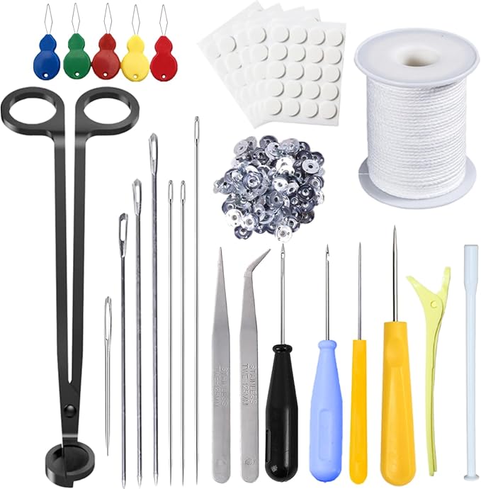 28 PCS Beginners Candle Making Kit for Adults with 200 ft Candlewick,Long Large-Eye Candle Piercing Needle and Wick Cutter 7INCH,Wick Inserting Tool Mold Punch Needle with Hook Eye for Moulds