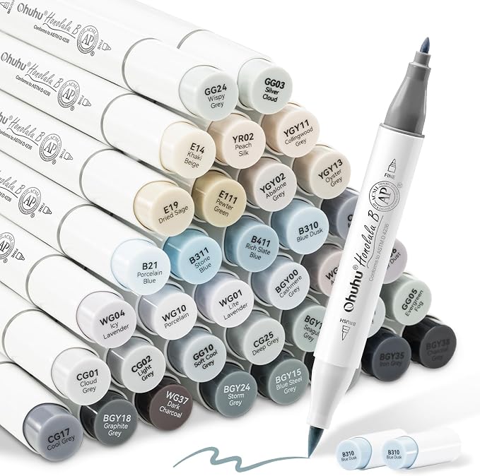 Ohuhu Alcohol Markers Brush Tip Grey-tone-Dual Tips Alcohol Based Art Marker Set for Artist Adults' Coloring Illustration Shading-36 Grayscale Colors w/ 1 Blender-Fine&Brush-Honolulu B