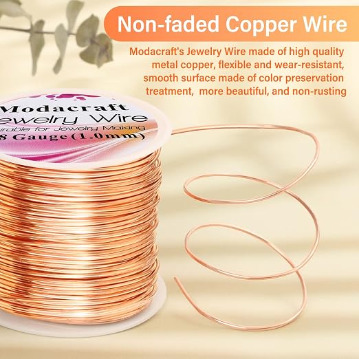 Modacraft 18 Gauge Copper Wire for Jewelry Making with 4 in 1 Plier, 65Ft/1mm Craft Beading Pure Bare Copper Wire for Jewelry Making Supplies and Crafting